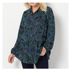 LOGO by Lori Goldstein Green Floral Print Tunic Shirt Women's XL Ruffle Hem Boho